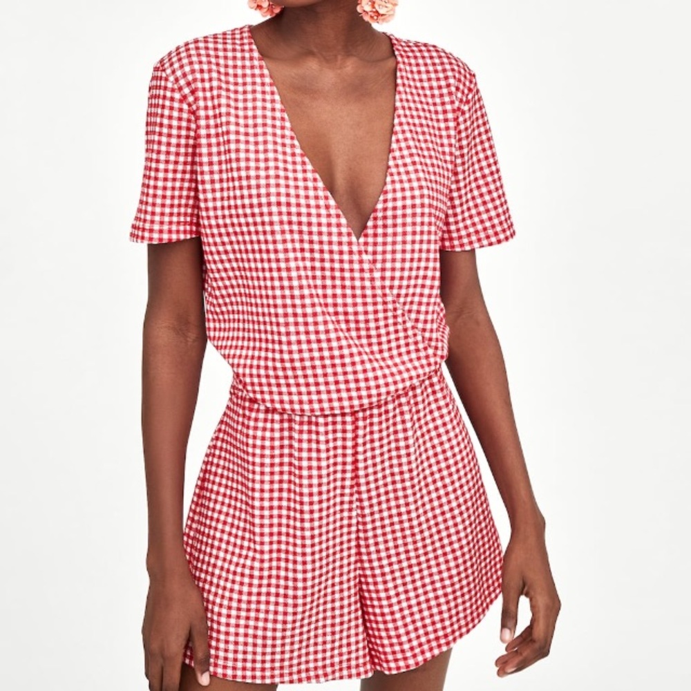 Zara red & white short checkered jumpsuit - Picture 2 of 4